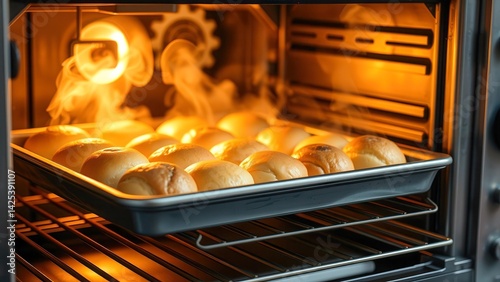On a baking sheet in the oven are freshly baked golden buns, from which aromatic steam rises. The image conveys the warmth, taste and skill of baking. photo