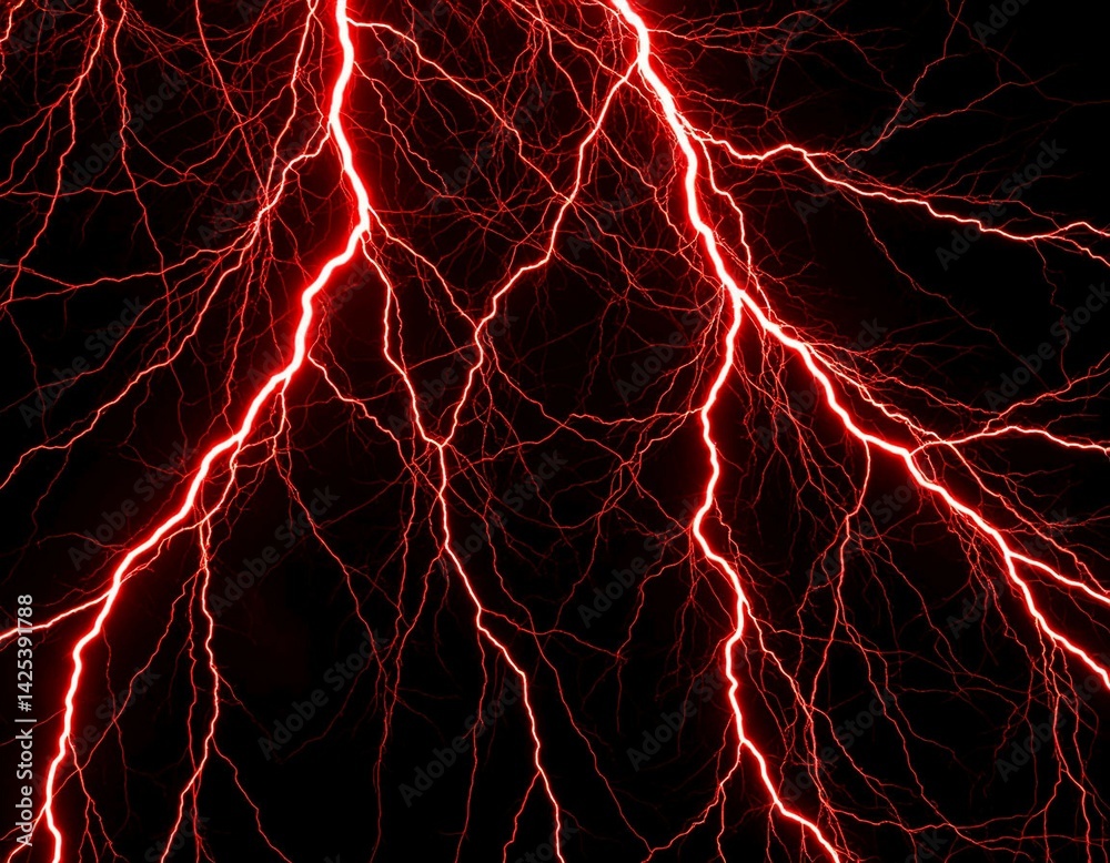 Obraz premium A bright red fork-shaped lightning flashes, striking the earth with its powerful electric discharge. This impressive natural phenomenon demonstrates the power of the elements.