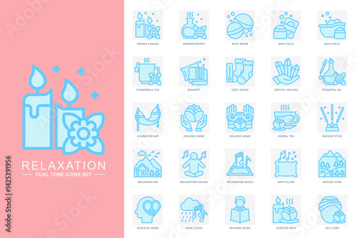 Relaxation blue color icons set. contain candle, tea, blanket, hammock, mountain, sound, socks, healing, incense stick, rain and more. use for modern concept, web and app development. Vector EPS 10