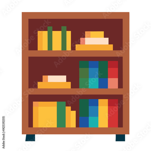 Pixel art bookshelf with books and decorative items displayed