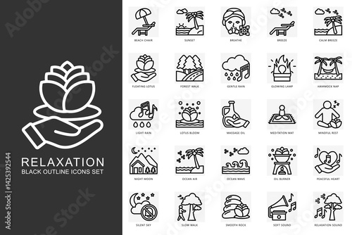 Relaxation black outline icons set. contain beach chair, sunset, calm breeze, ocean air, massage oil, silent sky, oil burner and more. use for modern concept, web and app development. Vector EPS 10