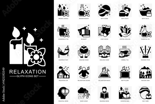 Relaxation glyph icons set. contain candle, tea, blanket, hammock, mountain, sound, socks, healing, incense stick, rain and more. use for modern concept, web and app development. Vector EPS 10