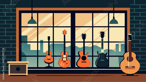 A large window offers natural light to showcase the collection of vintage guitars each with its own unique sound. Vector illustration
