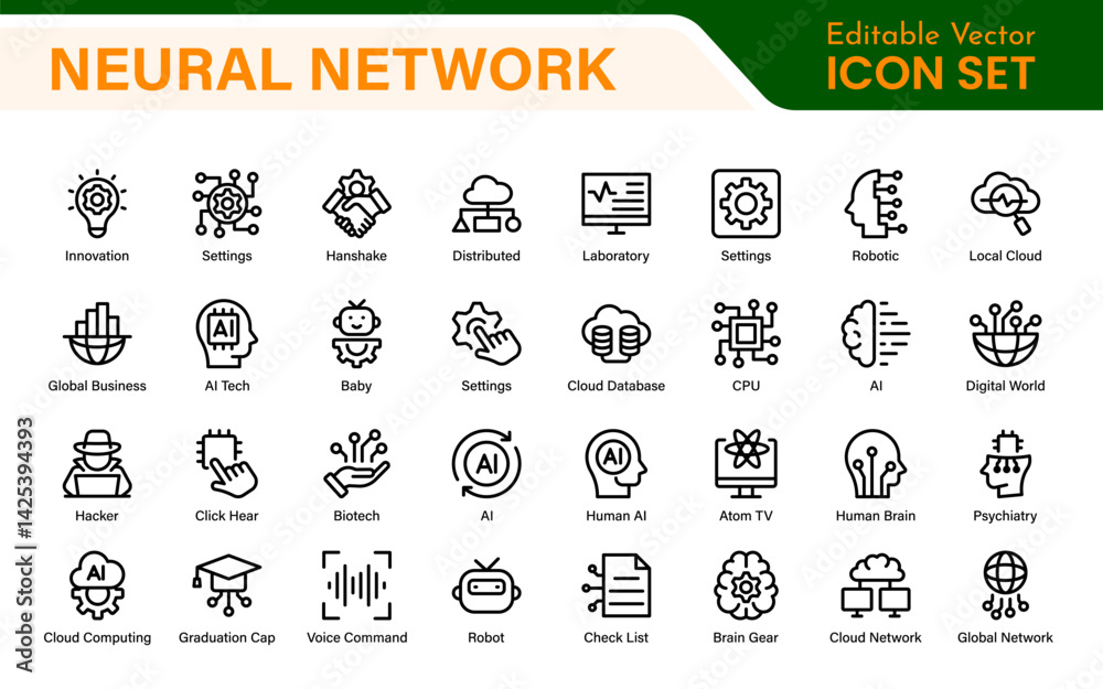 Fototapeta premium Artificial Intelligence Machine Learning Icons - AI, Neural Network, Deep Learning, Data Science, Algorithm - Vector, Outline, Line, Illustration, Minimal