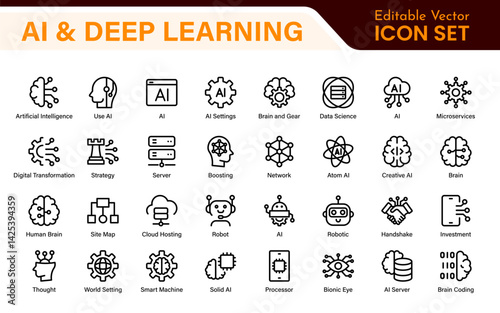 Artificial Intelligence Machine Learning Icons - AI, Neural Network, Deep Learning, Data Science, Algorithm - Vector, Outline, Line, Illustration, Minimal