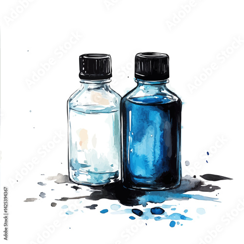 Black toner and cyan ink bottles, watercolor illustration, isolated on a white background.

