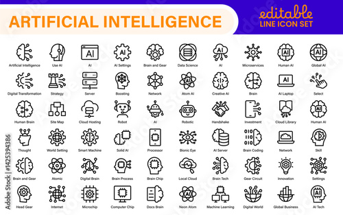 Artificial Intelligence Machine Learning Icons - AI, Neural Network, Deep Learning, Data Science, Algorithm - Vector, Outline, Line, Illustration, Minimal