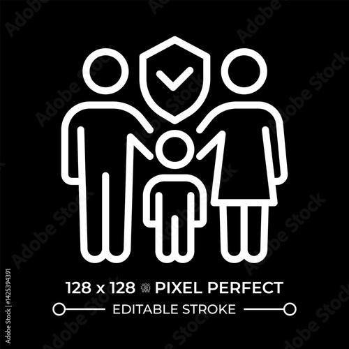 Right to marriage and family pixel perfect white line icon in negative space. Human rights protection. Equality and freedom support. Monochrome linear symbol on black background. Editable stroke