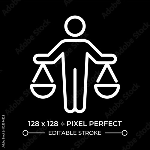 Right to equality before law pixel perfect white line icon in negative space. Justice for everyone. Person holding balance scales pans. Monochrome linear symbol on black background. Editable stroke