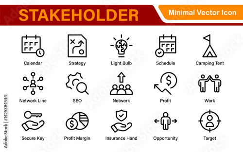 Stakeholder outline icons set. Business, teamwork, trade unions, suppliers, government, customers, creditors, community, investors and partners.