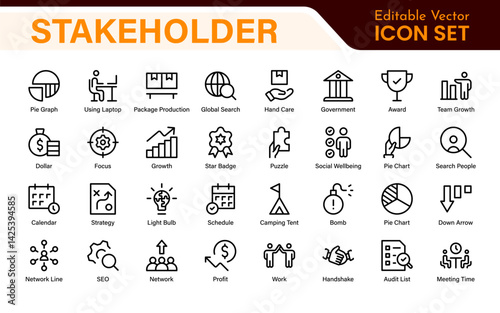 Stakeholder outline icons set. Business, teamwork, trade unions, suppliers, government, customers, creditors, community, investors and partners.