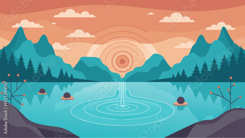 A serene and tranquil lake with ripples emanating from the center where interconnected neurons reside depicting the ripple effect of ketamine on.