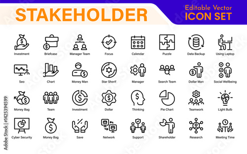Stakeholder outline icons set. Business, teamwork, trade unions, suppliers, government, customers, creditors, community, investors and partners.