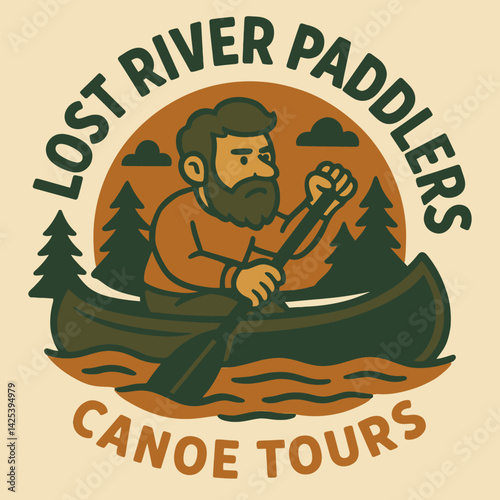 Man Paddling Canoe on Water Graphic Design Illustration Adventure