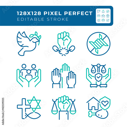 Basic human rights pixel perfect two color line icons set. Peace, freedom and equality for citizens. People protection bicolor outline iconset isolated. Duotone pictograms thin linear. Editable stroke