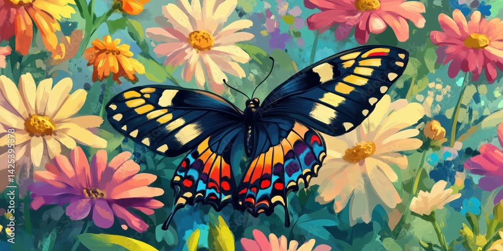 Colorful butterfly resting on vibrant flowers in a lush garden setting