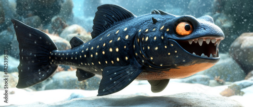 whimsical, animated black fish with large eyes and sharp teeth swims in vibrant underwater scene, showcasing its playful and mischievous expression