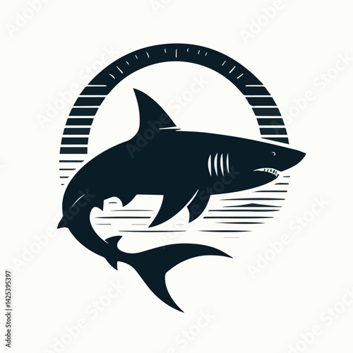Silhouette of Shark in Circular Frame – Stylized Marine Predator Logo Design