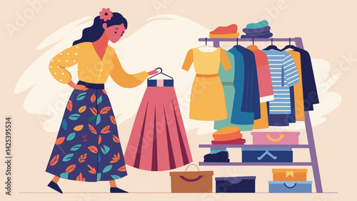 A bohemian thrift store fashion blogger sifting through stacks of printed skirts and flowy blouses inspired by the eclectic finds to create a. Vector illustration