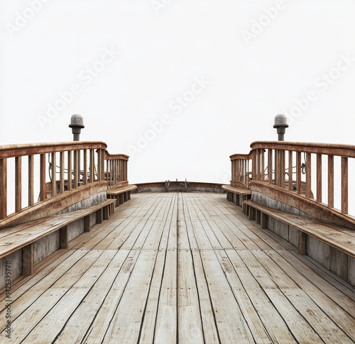 photorealistic image of wooden deck with railings and benches, leading to open sky. weathered wood and simple design evoke sense of calm and openness