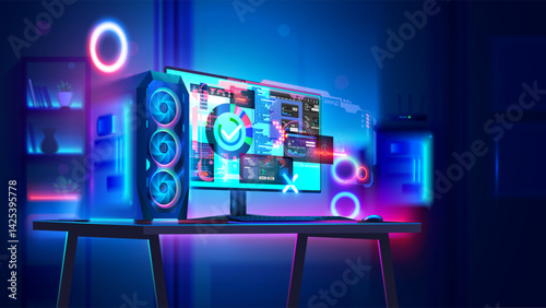 Computer. Powerful modern desktop computer or PC case with RGB lighting on desk in neon lights dark room. PC of software developer or engineer with development environment interface on screen monitor