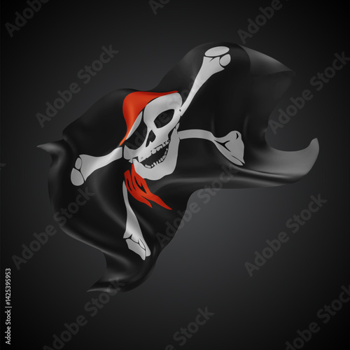 Pirate, vector 3d flag with waves on a black background