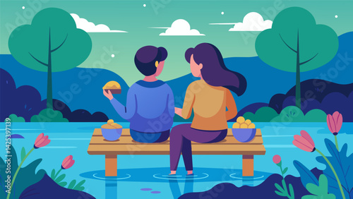 A pair of friends sitting on a bench by a serene pond snacking on homemade cookies and catching up on each others lives..