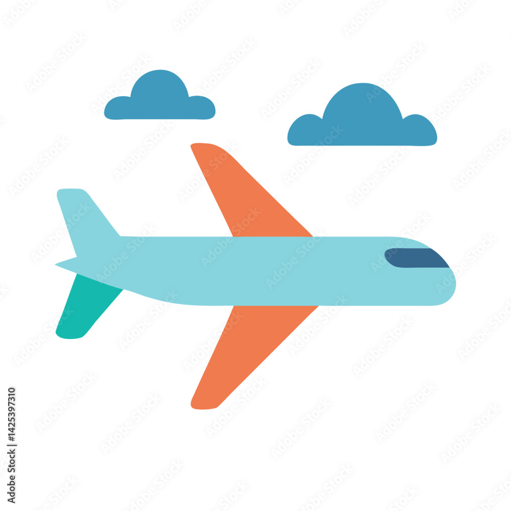 Cartoon Airplane Flying in Blue Sky with Clouds Cartoon Airplane Flying in Blue Sky with Clouds