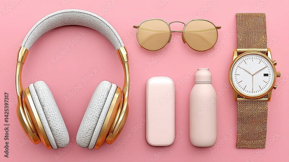 Obraz premium Gold and White Headphones with Accessories Flatlay on Pink Background