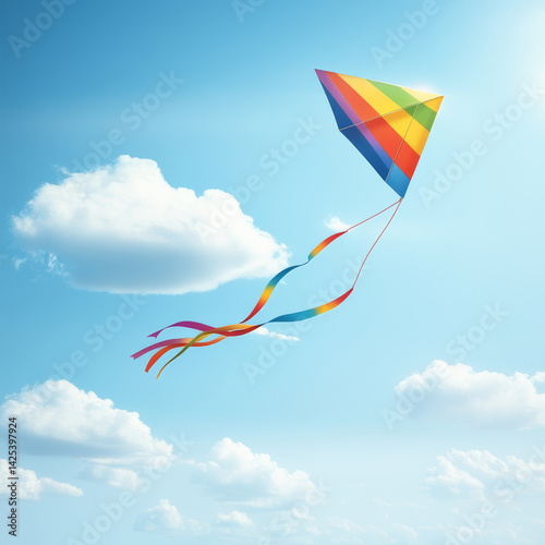 rainbow colored kite soars joyfully in clear blue sky, surrounded by fluffy white clouds. scene captures sense of freedom and playfulness