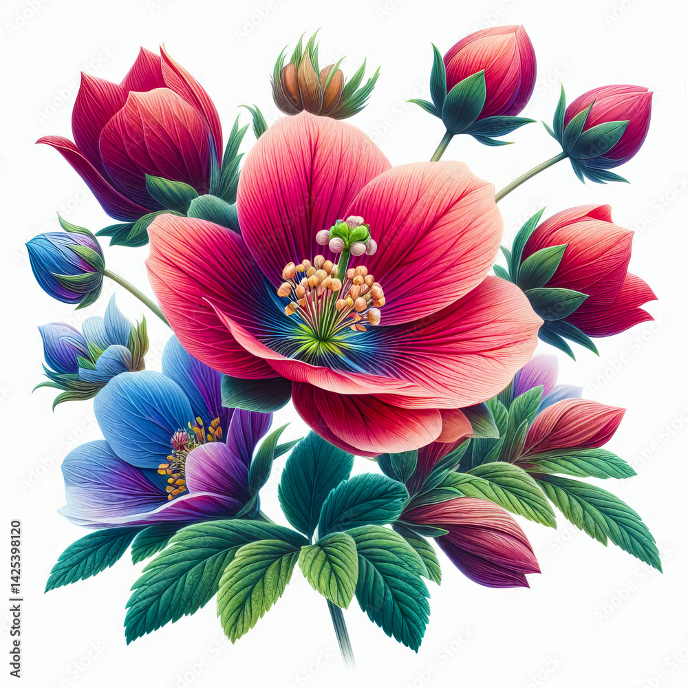 Obraz premium Detailed botanical illustration of a rare flower with vibrant petals 