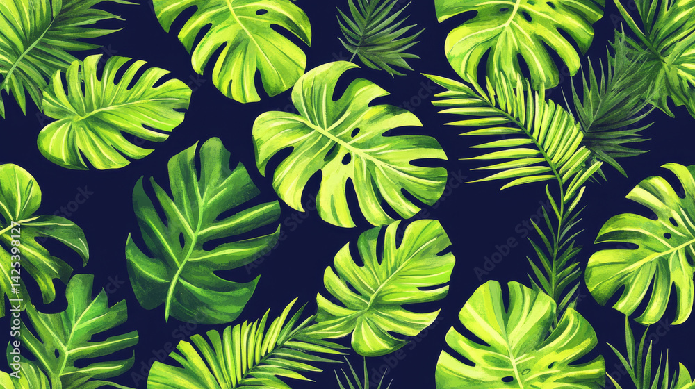 Fototapeta premium Lush green tropical leaves with dark background create vibrant and exotic pattern. seamless design features monstera and palm leaves, adding fresh and lively feel