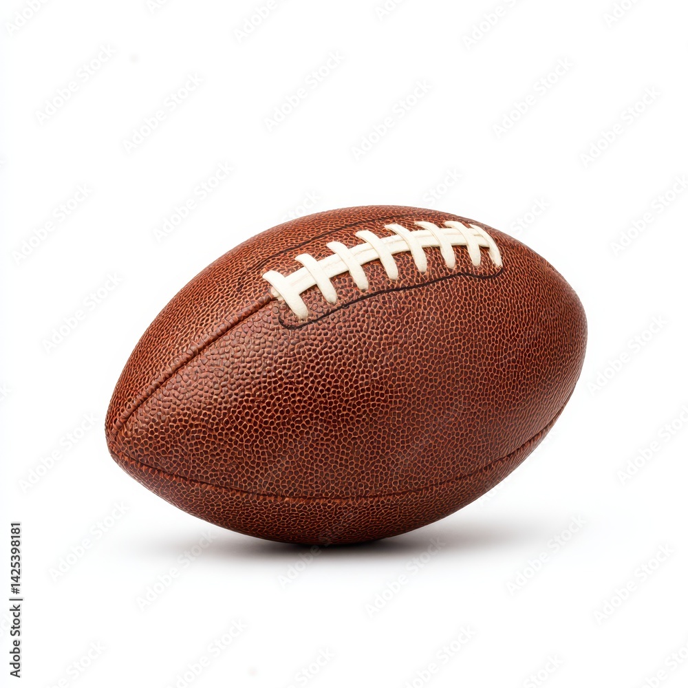 Close up view of a brown leather american football on a plain white surface Close up view of a brown leather american football on a plain white surface