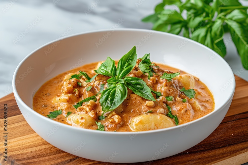 Creamy tomato sauce gnocchi with walnuts and fresh basil