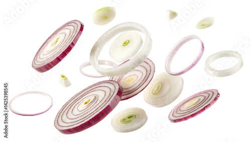 onion slices flying isolated on white background PNG. AI GENERATED