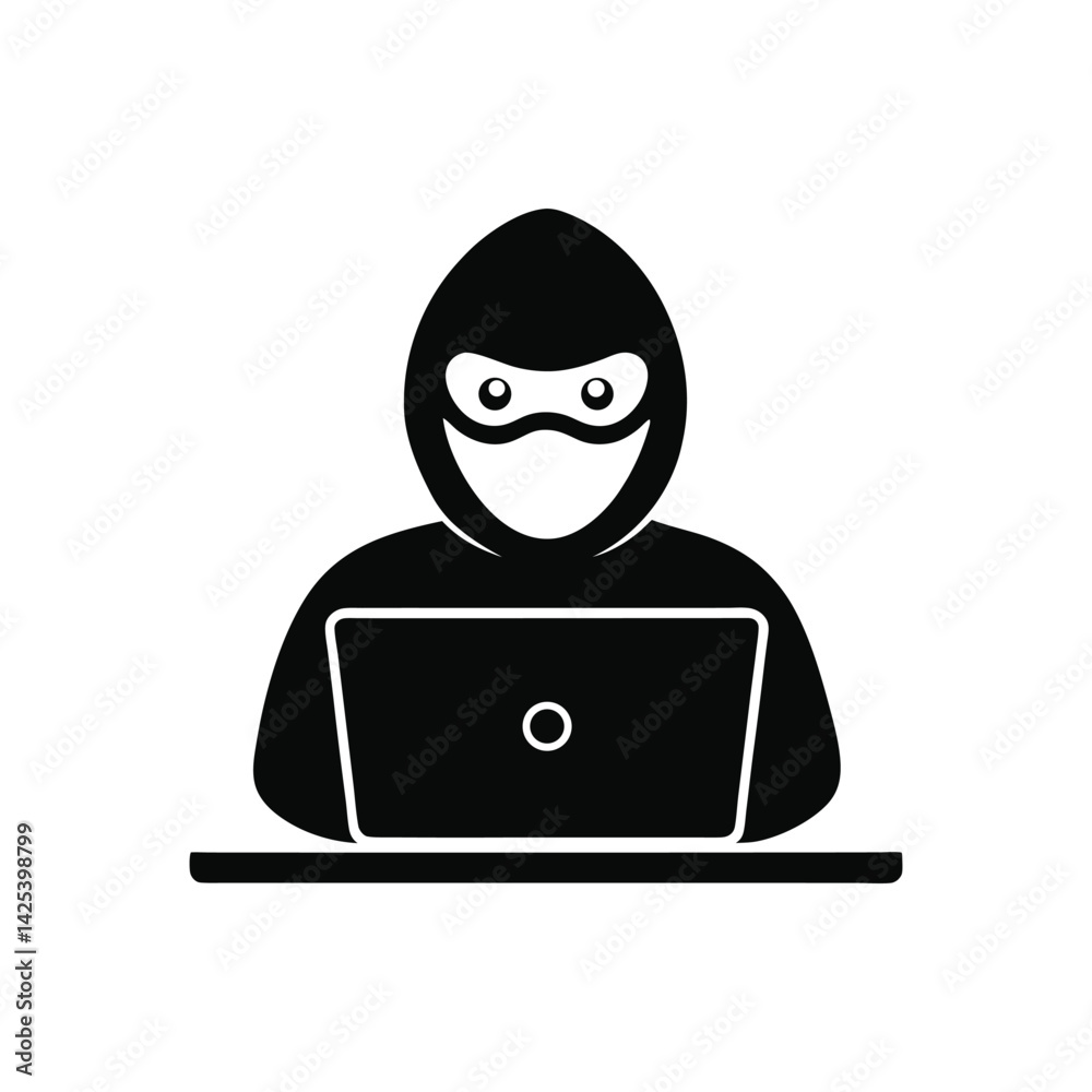 Masked Hacker at Laptop icon of silhouette vector illustration on white background Masked Hacker at Laptop icon of silhouette vector illustration on white background
