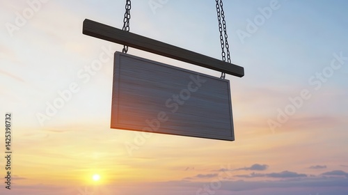 Empty wooden sign hangs suspended in the sky at sunset. photo