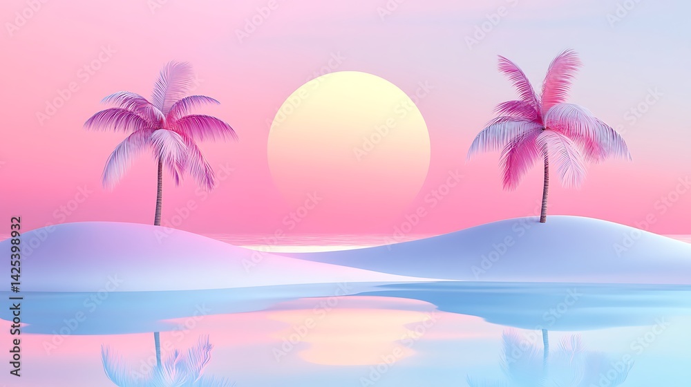 Obraz premium Pink Palm Sunset Beach Scene.