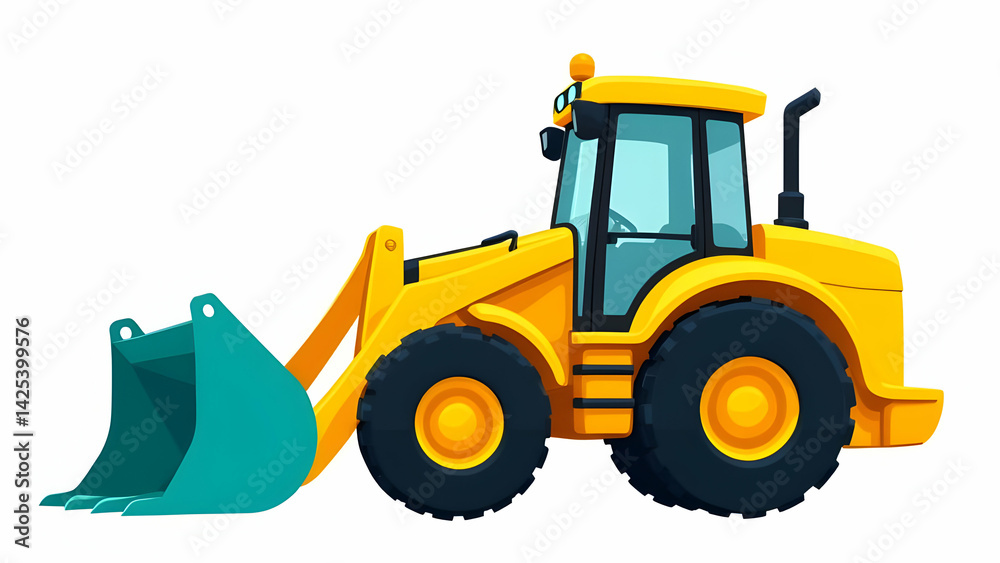 Fototapeta premium A vibrant yellow wheel loader is depicted, showcasing its teal bucket and robust build. The illustration highlights the machine's powerful design and functionality.