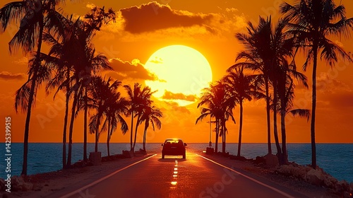 Car Driving Towards Orange Sunset on Tropical Road