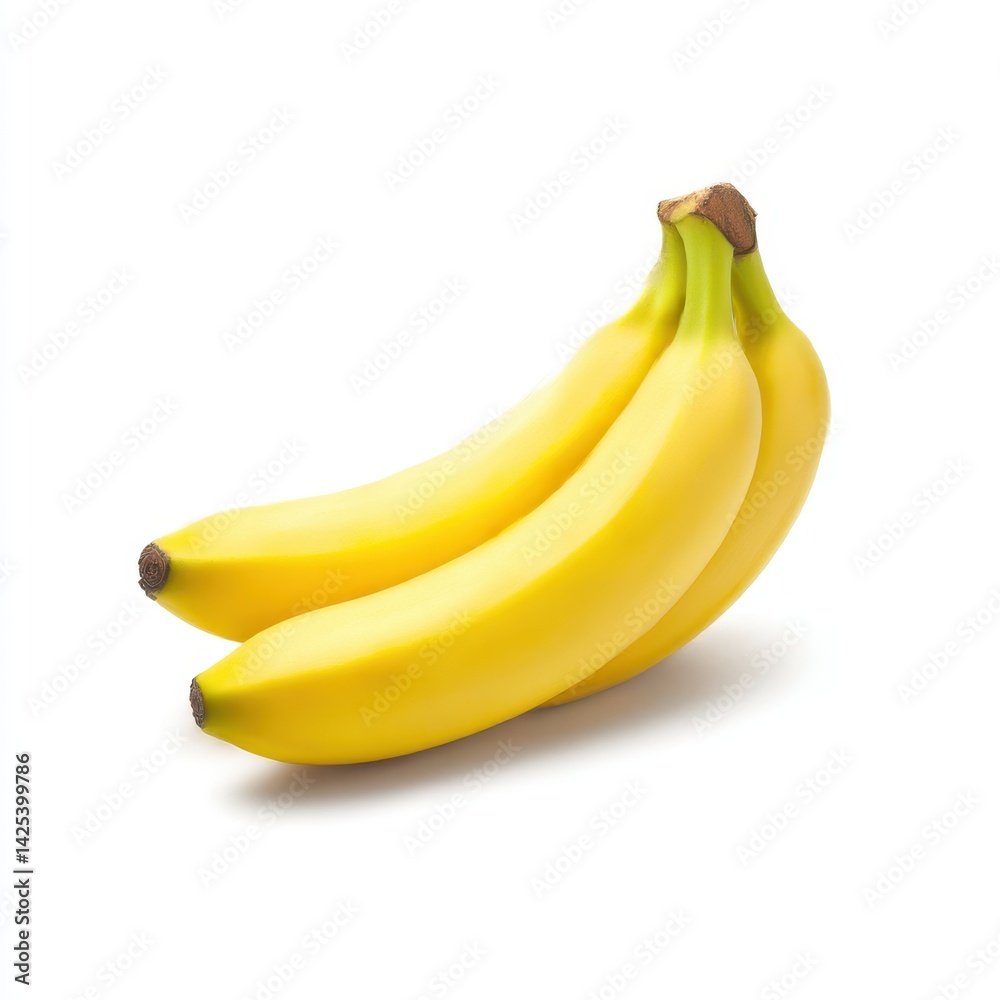A bunch of ripe yellow bananas lying on a plain white surface in close up view A bunch of ripe yellow bananas lying on a plain white surface in close up view