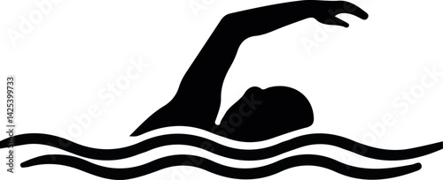 a bold black-and-white vector illustration of a female swimmer performing, suitable for sports branding or logo use.