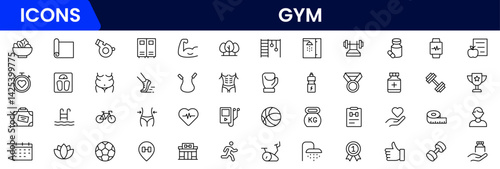 Gym and fitness icon set. It contains healthy lifestyle, weight training, body care, and workout or exercise equipment icons. Vector illustration web line icon collection 