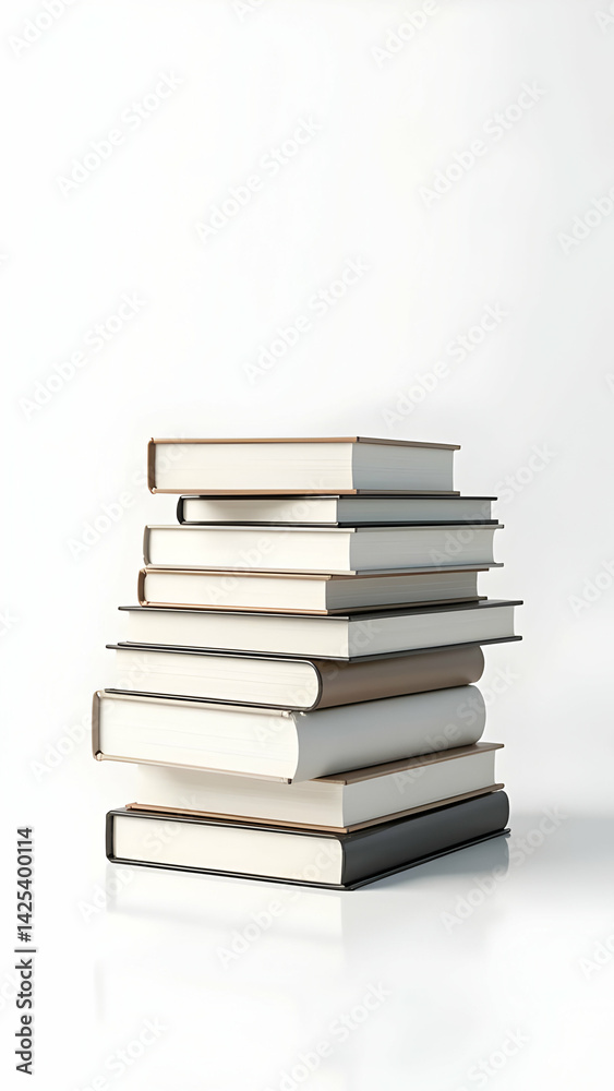 A neatly stacked collection of books with varying cover colors rests on a reflective white surface. The image suggests learning, knowledge, and reading. A neatly stacked collection of books with varying cover colors rests on a reflective white surface. The image suggests learning, knowledge, and reading.