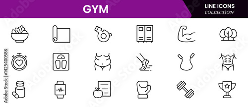 Gym and fitness icon set. It contains healthy lifestyle, weight training, body care, and workout or exercise equipment icons. Vector illustration web line icon collection 