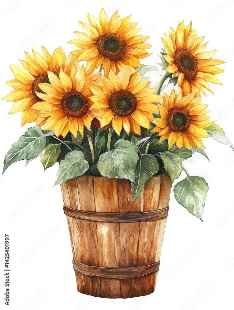 Obraz premium Sunflowers blooming in wooden basket watercolor painting