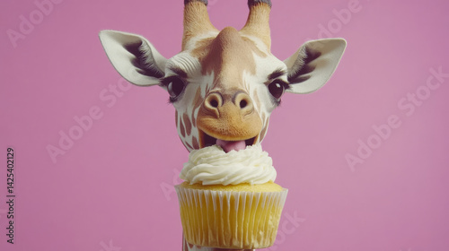 cute miniature giraffe joyfully eating cupcake against pastel pink background, creating whimsical and playful scene