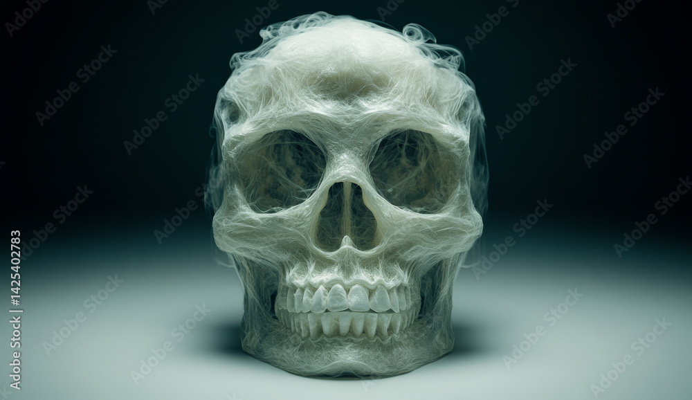 Obraz premium skull made of swirling smoke on white background creates eerie and mysterious atmosphere. intricate details of smoke form hauntingly realistic skull shape