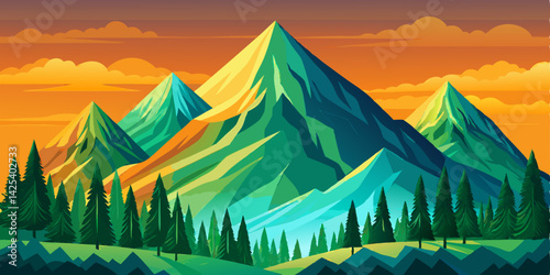 Amazing High green mountain in sunset time with spruce forest and blue sky in simple geometric form, nature tourism landscape background, travel mountains adventure illustration cartoon