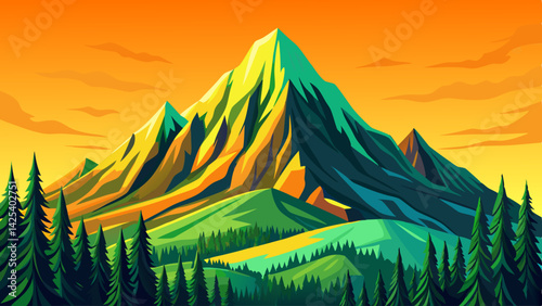 Amazing High green mountain in sunset time with spruce forest and blue sky in simple geometric form, nature tourism landscape background, travel mountains adventure illustration cartoon